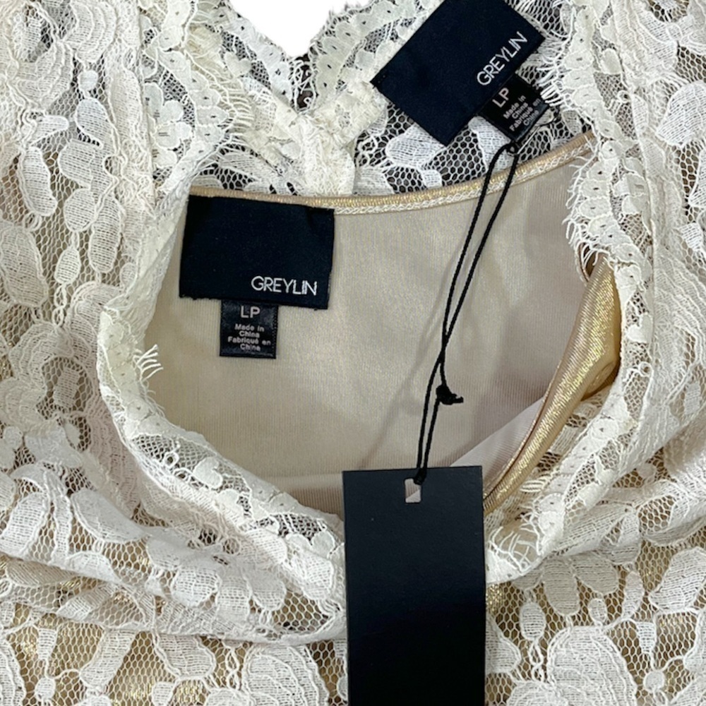 NWT Greylin Anthropologie Melusine Cream Lace and Gold 2 in 1 Dress sz L - Picture 3 of 12
